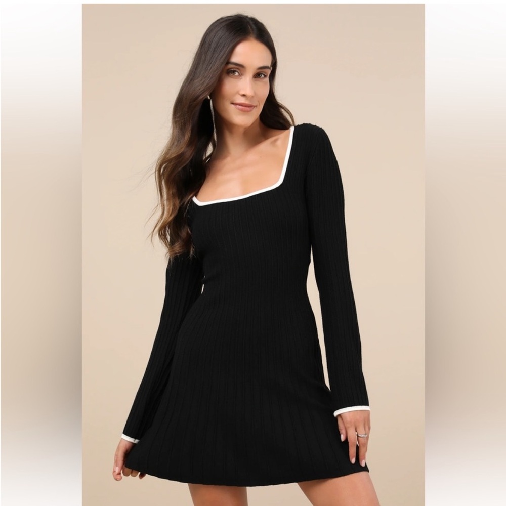 Cute Simplicity Black Textured Mini Sweater Dress Large Lulus